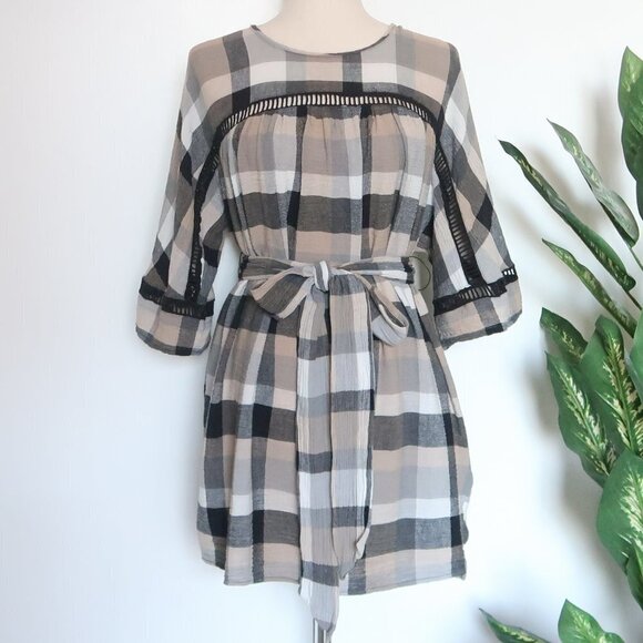 Anthropologie Maeve Buffalo Plaid Mini Dress / Kimono Tunic with Belt Tie Waist - Picture 7 of 16